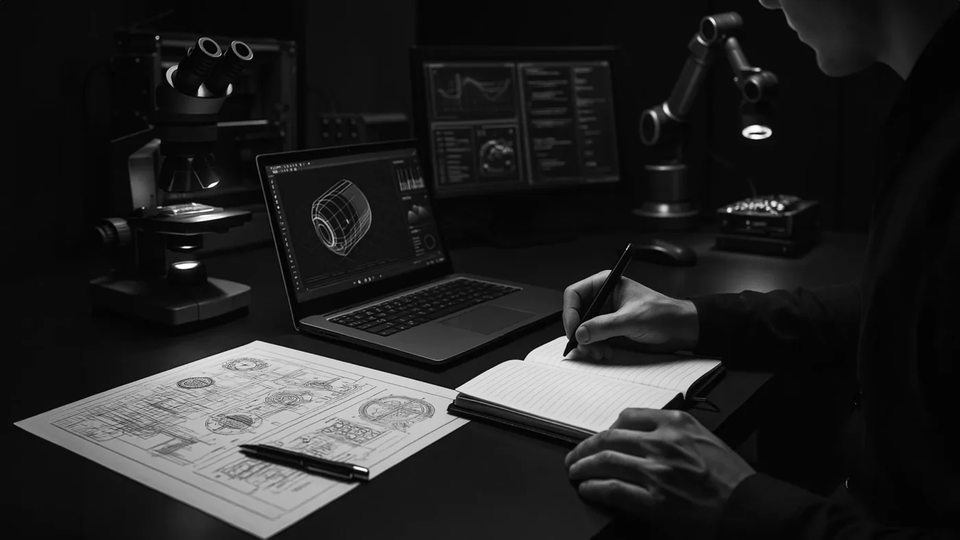 Mekanik parça tasarımı yapan mühendis, teknik çizim ve CAD model incelemesi yapıyor