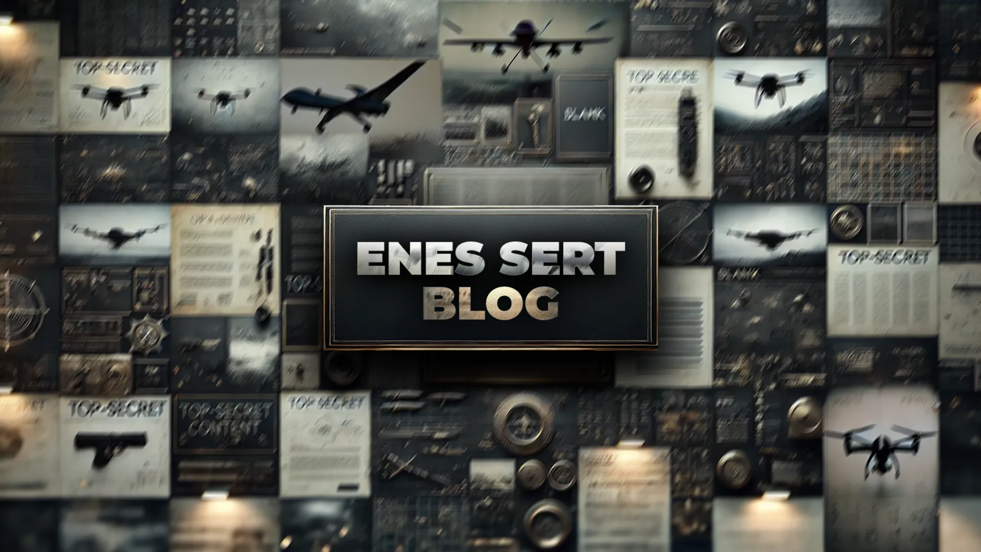 Dronlar, teknik çizimler ve gizli belgelerden oluşan kolaj arka plan üzerinde "ENES SERT BLOG" başlığı.
